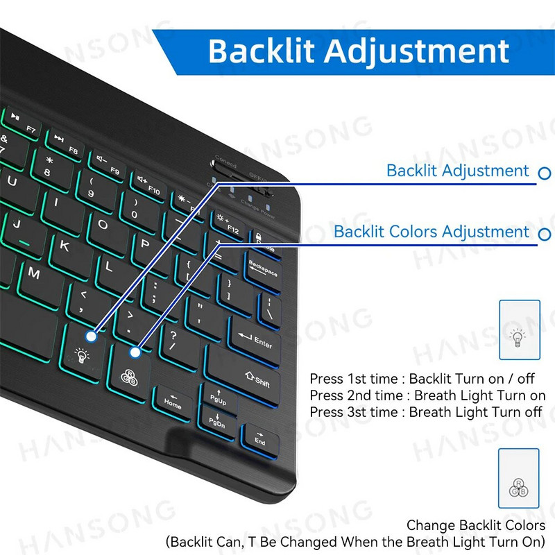Bežična tipkovnica s pozadinskim osvjetljenjem za iPad iPhone za Android iOS Windows Samsung Xiaomi Tablet SmartPhone Bluetooth-kompatibilna tipkovnica