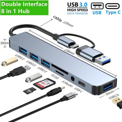 2 in 1 4/5/7/8 prievadas USB C plėtiklis USB 3 šakotuvas C tipo skirstytuvas C tipo dokas kelių prievadų adapteris USB plėtiklis, skirtas Xiaomi telefono planšetiniam kompiuteriui