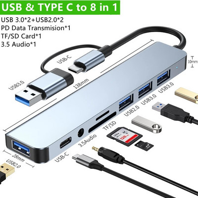 2 în 1 4/5/7/8 porturi USB C Expander USB 3 Hub tip C Splitter tip C Adaptor multiport Dock Expander USB pentru tableta telefonului Xiaomi