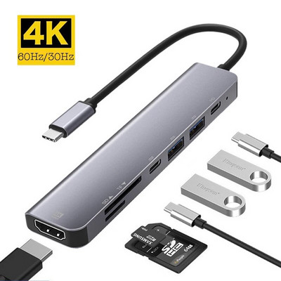 7 viename C tipo USB 3.1 HDTV 4K 60 Hz vaizdo USB 3.0 USB2.0 SD TF kortelės lizdo skaitytuvo duomenų USB-C PD įkrovimo šakotuvo adapteris, skirtas Macbook