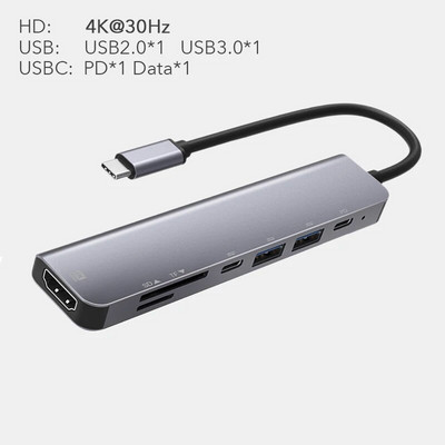 7 σε 1 Τύπος C USB 3.1 HDTV 4K 60Hz Βίντεο USB 3.0 USB2.0 SD TF θύρα ανάγνωσης δεδομένων Προσαρμογέας διανομέα φόρτισης USB-C PD για Macbook