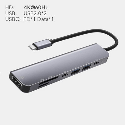 7 σε 1 Τύπος C USB 3.1 HDTV 4K 60Hz Βίντεο USB 3.0 USB2.0 SD TF θύρα ανάγνωσης δεδομένων Προσαρμογέας διανομέα φόρτισης USB-C PD για Macbook