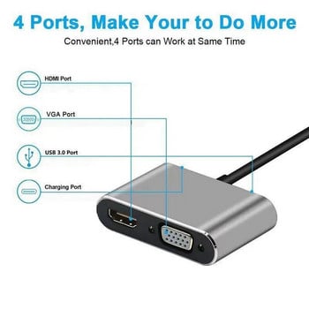 USB C хъб 4 в 1 тип C 3.0 адаптер към 4K HDMI HDTV VGA USB 3.0 PD сплитер за бързо зареждане за MacBook Notebook лаптоп компютър