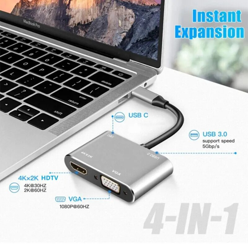 USB C Hub 4 σε 1 Τύπος C 3.0 Προσαρμογέας σε 4K HDMI HDTV VGA USB 3.0 PD Fast Charge Splitter για φορητό υπολογιστή MacBook Notebook