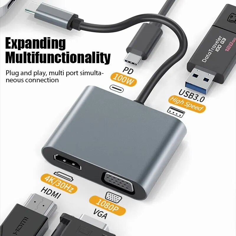 USB C Hub 4 σε 1 Τύπος C 3.0 Προσαρμογέας σε 4K HDMI HDTV VGA USB 3.0 PD Fast Charge Splitter για φορητό υπολογιστή MacBook Notebook
