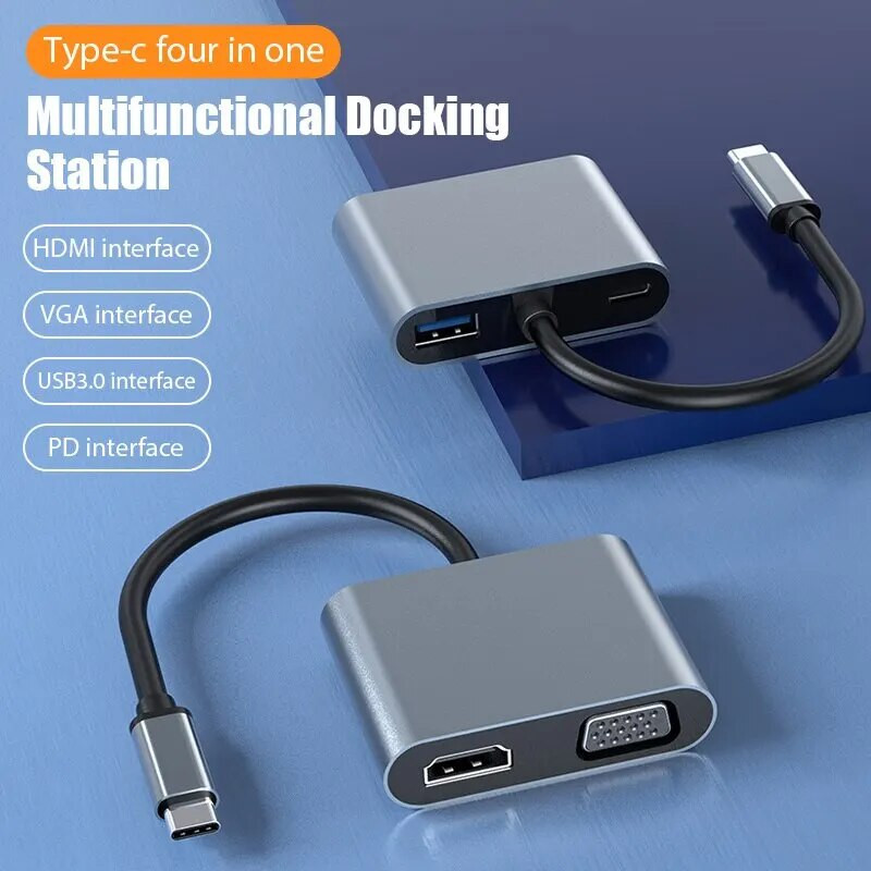 USB C Hub 4 σε 1 Τύπος C 3.0 Προσαρμογέας σε 4K HDMI HDTV VGA USB 3.0 PD Fast Charge Splitter για φορητό υπολογιστή MacBook Notebook