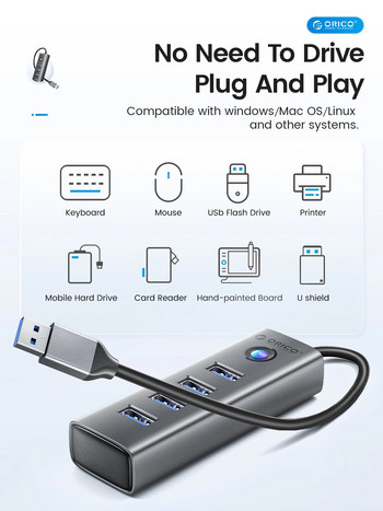 ORICO 4-Port USB 3.0 HUB Алуминиева сплав Plug and Play Mini Socket Hub/USB Splitter 4 Ports 5Gbps High-Speed Transmission
