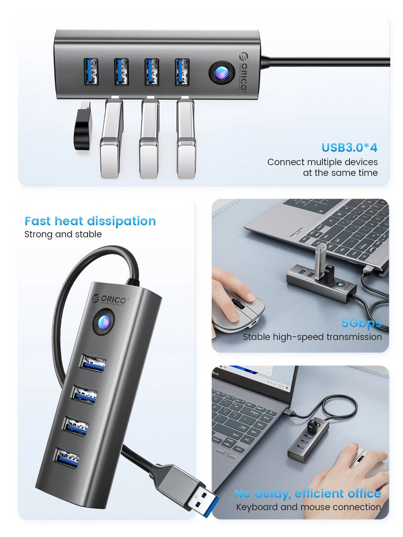 ORICO 4 θυρών USB 3.0 HUB από κράμα αλουμινίου Plug and Play Mini Socket Hub/USB Splitter 4 Ports 5Gbps Μετάδοση υψηλής ταχύτητας