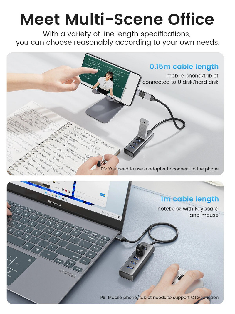 ORICO 4 θυρών USB 3.0 HUB από κράμα αλουμινίου Plug and Play Mini Socket Hub/USB Splitter 4 Ports 5Gbps Μετάδοση υψηλής ταχύτητας