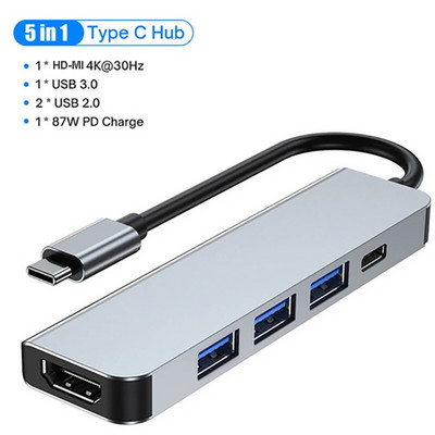 USB C HUB 4K 30Hz Τύπος C σε HDMI Συμβατό με PD 87W USB Splitter Προσαρμογέας USB για Macbook Air Pro USB3.0 HUB TF SD Multi Converter