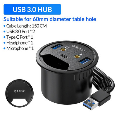 ORICO Desk Grommet USB 3.0 Hub skaņas karte C tipa sadalītājs SD TF dokstacijas austiņas mikrofona audio interfeiss galddatora galdiņam