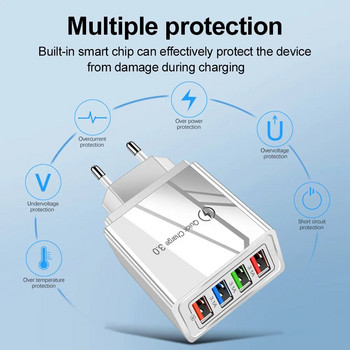 QC 3.0 бързо зареждане 4 USB многопортови 5V/9V/12V интелигентно зарядно устройство за мобилен телефон за пътуване Американски разпоредби Европейски стандарт 3A бързо зареждане