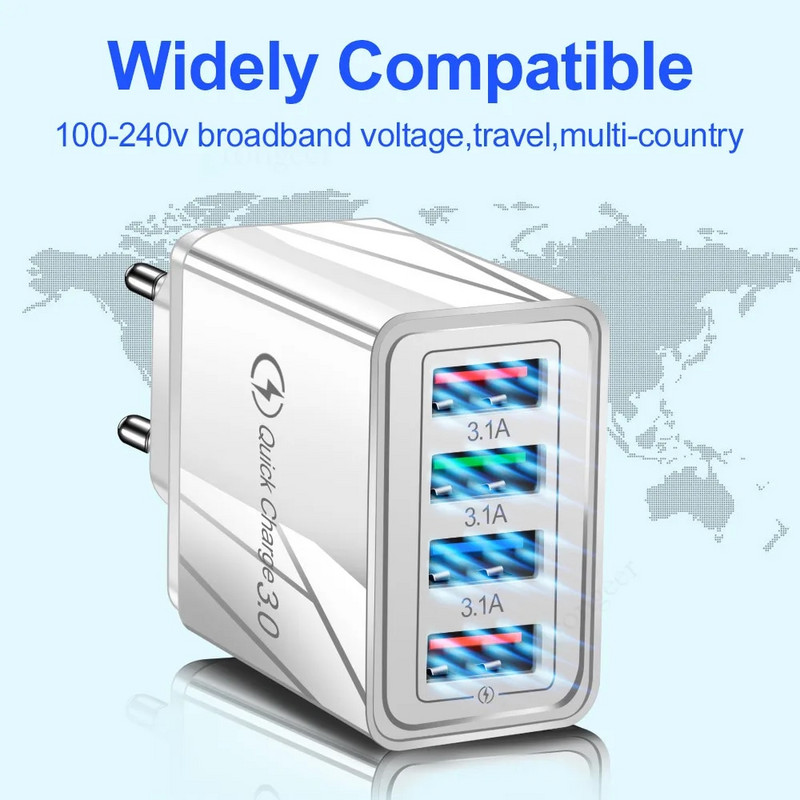 QC 3.0 brzo punjenje 4 USB multi-port 5V/9V/12V pametni putni punjač za mobilni telefon Američki propisi Europski standard 3A brzo punjenje