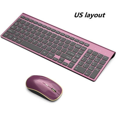 Bežična tipkovnica i miš，Ergonomski dizajn Miš s tipkovnicom pune veličine 2400 DPI，Izgled Španjolska/SAD/UK/Rusija/Francuska Crna i ružičasta