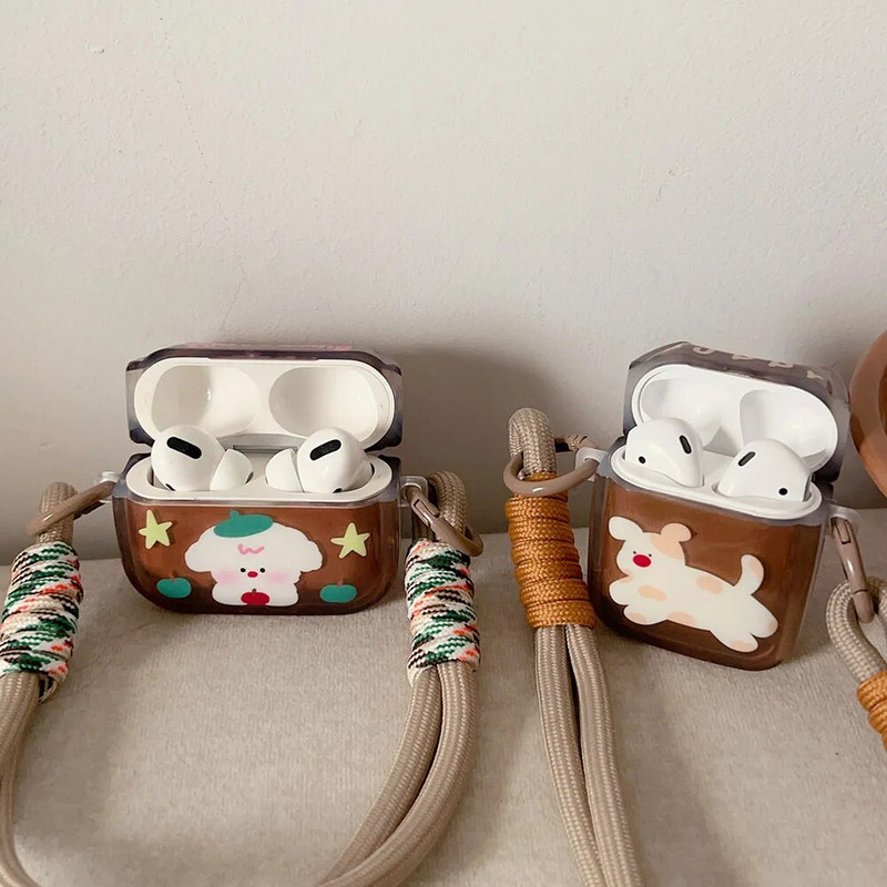 Cute Cartoon Dog Handbag Design Καφέ θήκη ακουστικών για Apple AirPods 1 2 Pro 2rd 3 Ασύρματο κάλυμμα κουτιού Bluetooth με σχοινί καρπού