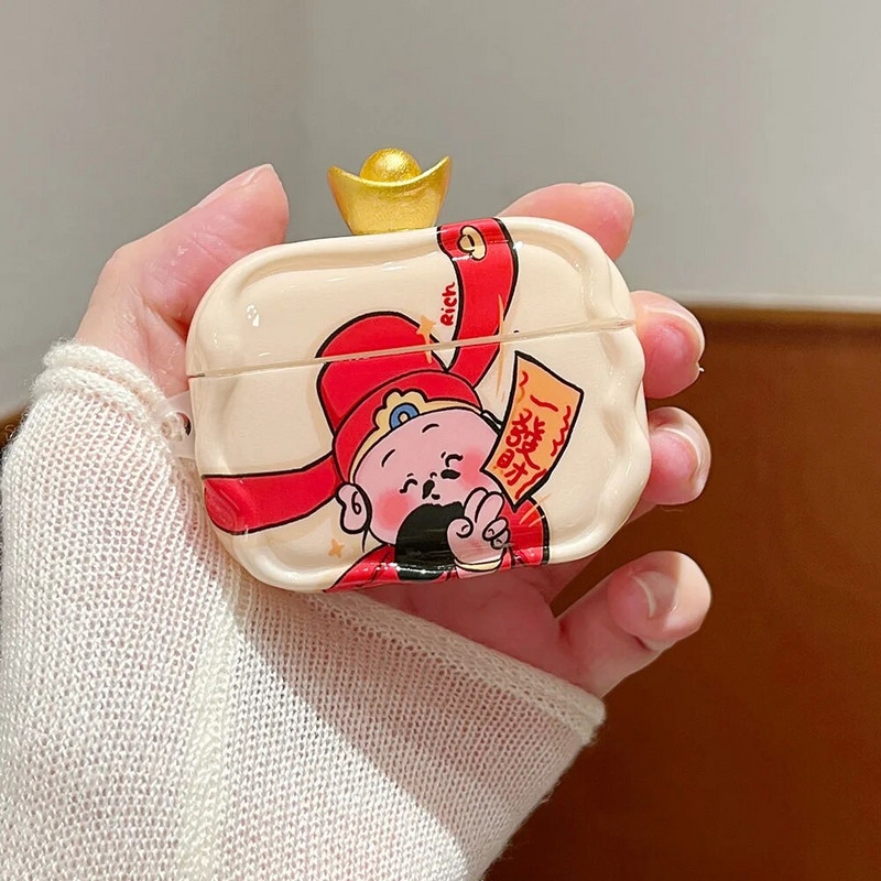 Get Rich God of Wealth Τρισδιάστατη θήκη Aold Ingot For Apple Airpods Pro 2 1 3 Funny Cartoon 2024 Νέο Έτος Κάλυμμα ακουστικών Φούντες Κρεμαστό