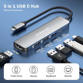 Lemorele USB Hub USB C 3.0 Hub 5Ports Docking Station Type C Hub 4K30Hz HDMI-съвместим USB 3.0 адаптер за Macbook Air M1 iPad