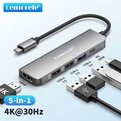 Lemorele USB Hub USB C 3.0 Hub 5Ports Docking Station Type C Hub 4K30Hz HDMI-kompatibilan USB 3.0 Adapter za Macbook Air M1 iPad