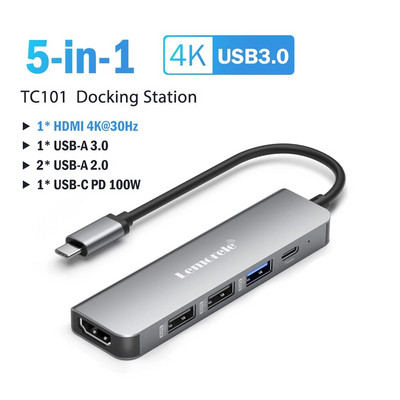 Lemorele USB centrmezgls USB C 3.0 centrmezgls 5 portu dokstacijas C tipa centrmezgls 4K30Hz ar HDMI saderīgs USB 3.0 adapteris Macbook Air M1 iPad