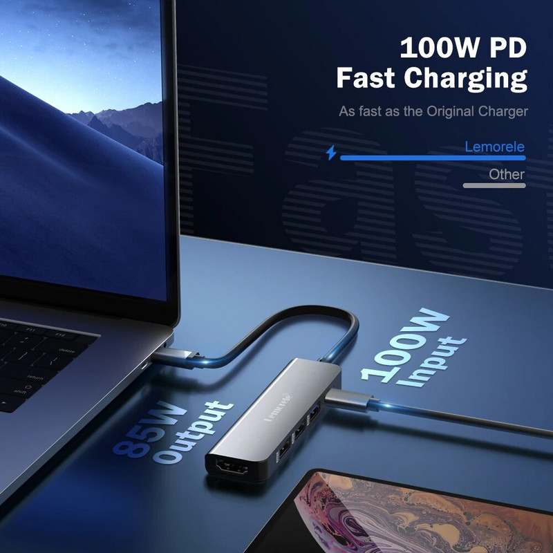 Lemorele USB Hub USB C 3.0 Hub 5Ports Station Docking Type C Hub 4K30Hz Προσαρμογέας USB 3.0 συμβατό με HDMI για Macbook Air M1 iPad