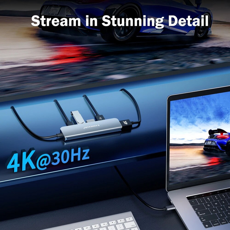 Lemorele USB Hub USB C 3.0 Hub 5Ports Station Docking Type C Hub 4K30Hz Προσαρμογέας USB 3.0 συμβατό με HDMI για Macbook Air M1 iPad