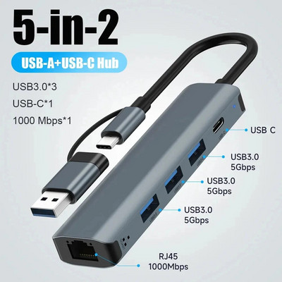 HUB USB C Adaptor multiport USB-C USB-A Tip C USB 3.0 Transfer de date Stație de andocare Gigabit Ethernet RJ45 pentru MacBook Pro