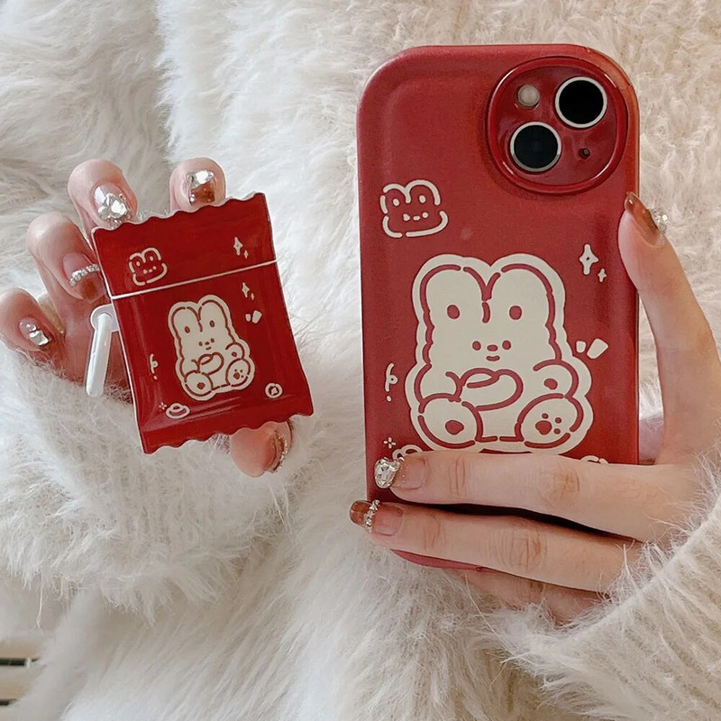 Cute Line Rabbit Case uusaasta punane Apple Airpods 1 2 3 3D kommikarp Air Pods Pro 2 kõrvaklappide kaitsekatte tarvikud