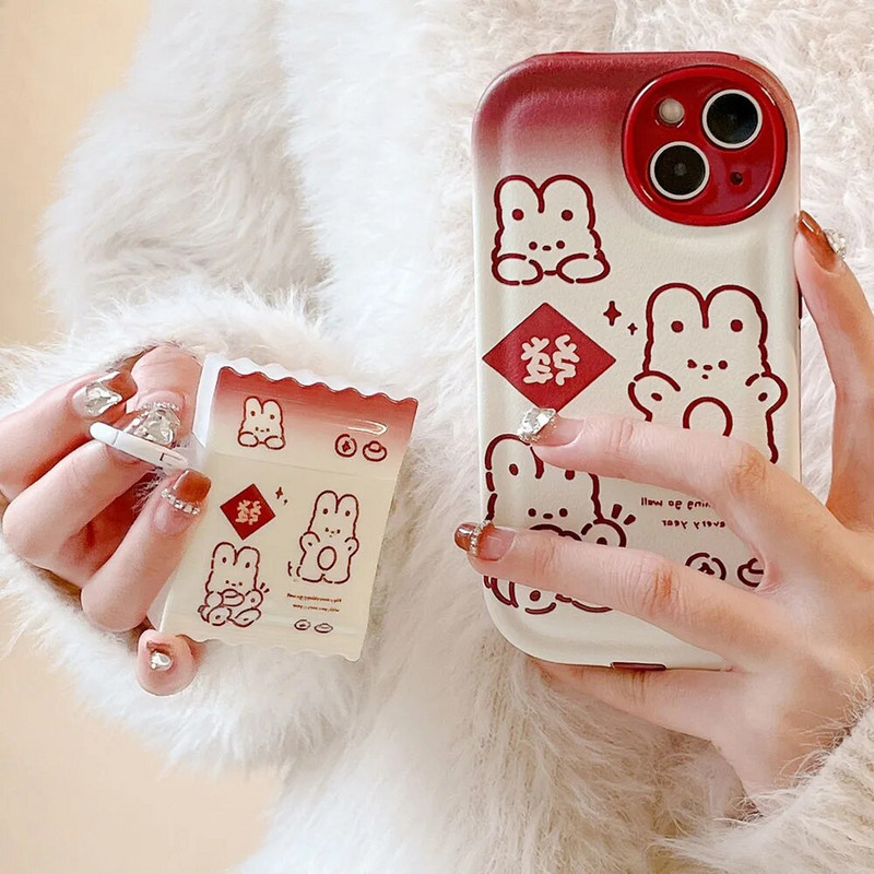 Cute Line Rabbit Case uusaasta punane Apple Airpods 1 2 3 3D kommikarp Air Pods Pro 2 kõrvaklappide kaitsekatte tarvikud