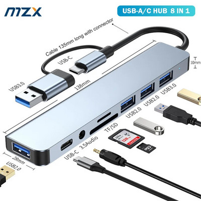 MZX 8 în 1 porturi USB A tip C Hub concentrator stație de andocare 3 0 adaptor multiplu Cititor de carduri SD TF Audio Splitter de andocare multi-hub