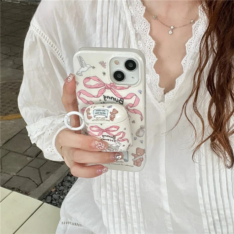 Za Airpods 1 2 Pro 3 Slatka crtića, ružičasta mašna, vrpca, šalica za čaj, zeko, medvjedić, prsten, protuispadajuća Imd torbica za slušalice za Airpods Pro 2 školjka