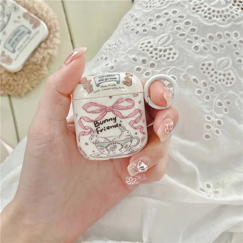 Za Airpods 1 2 Pro 3 Slatka crtića, ružičasta mašna, vrpca, šalica za čaj, zeko, medvjedić, prsten, protuispadajuća Imd torbica za slušalice za Airpods Pro 2 školjka