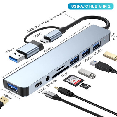 8 u 1 portovi USB A Tip C Hub Koncentrator Docking Station 3 0 Multi Adapter SD TF Card Reader Audio Multi-hub Dock Splitter PC