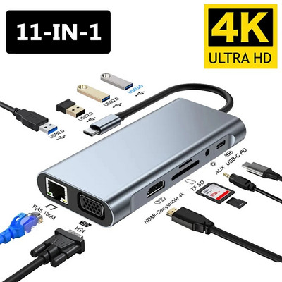 11 u 1 USB Hub 3.0 Type-c Razdjelnik na USB adapter VGA čitač kartica Više priključaka Dock Station USB za prijenosno računalo MacBook