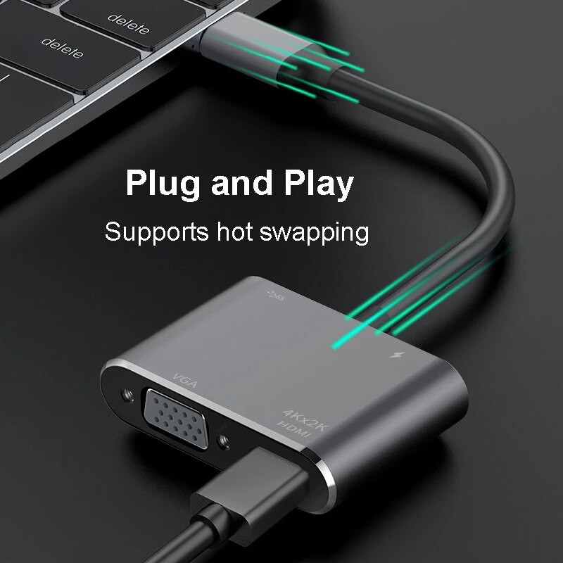 4K 30 Hz C tipa uz HDMI saderīgs USB C uz HDMI VGA PD adapteris pārveidotājs USB 3.0 HUB doks, kas paredzēts Macbook datoram Samsung S20 Xiaomi Huawei