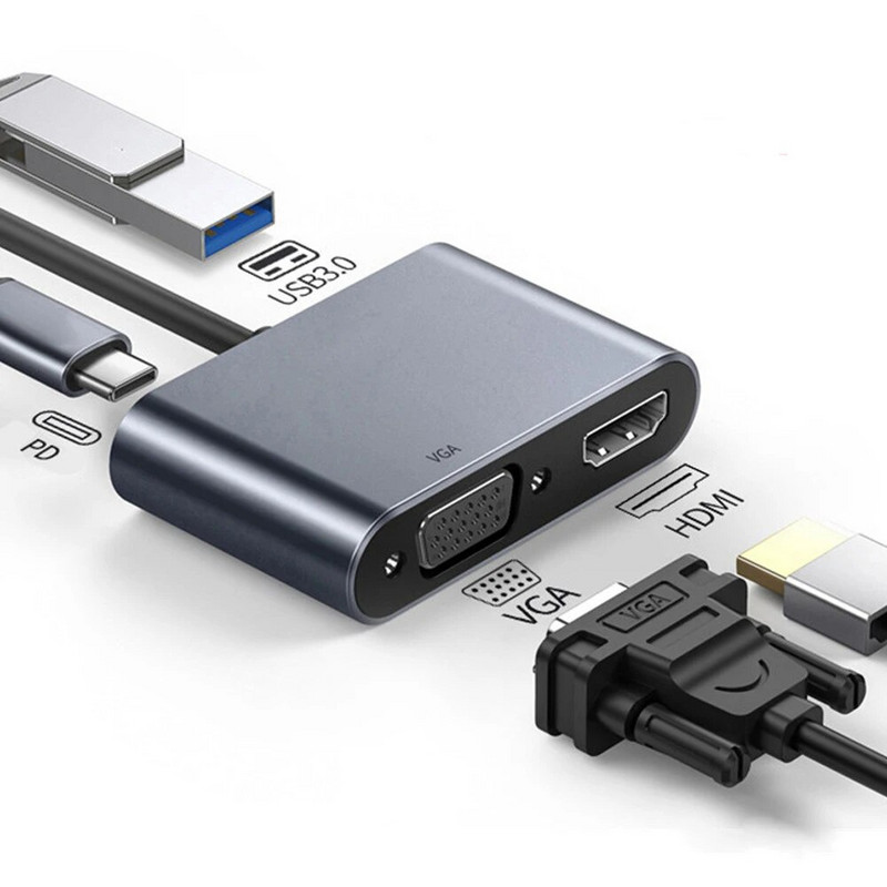 4K 30 Hz C tipa uz HDMI saderīgs USB C uz HDMI VGA PD adapteris pārveidotājs USB 3.0 HUB doks, kas paredzēts Macbook datoram Samsung S20 Xiaomi Huawei