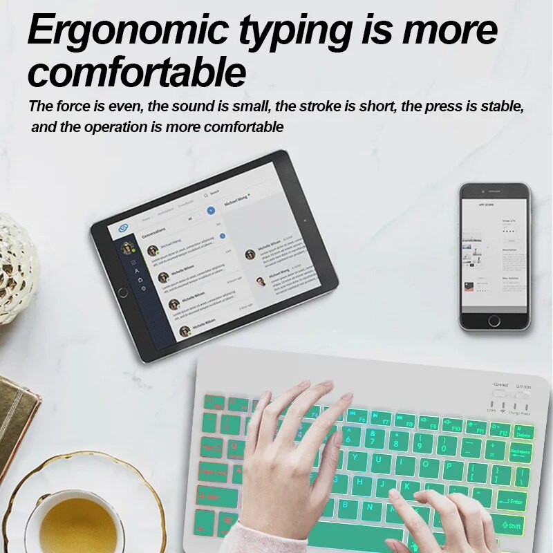 Bluetooth aizmugurgaismota pārnēsājama īpaši plāna planšetdatora tastatūra bezvadu Teclado operētājsistēmai iOS Android Windows sistēma 10 collas iPad tālrunim