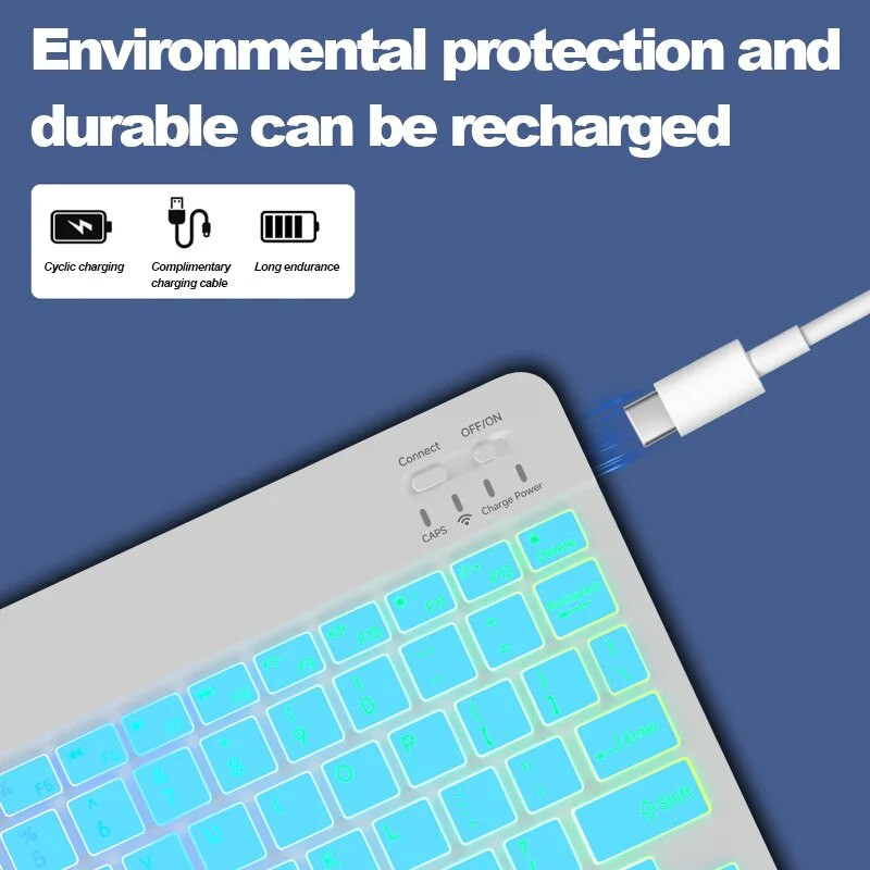 Bluetooth aizmugurgaismota pārnēsājama īpaši plāna planšetdatora tastatūra bezvadu Teclado operētājsistēmai iOS Android Windows sistēma 10 collas iPad tālrunim