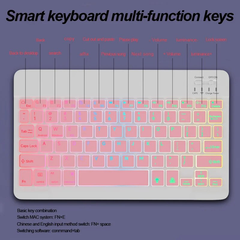 Bluetooth aizmugurgaismota pārnēsājama īpaši plāna planšetdatora tastatūra bezvadu Teclado operētājsistēmai iOS Android Windows sistēma 10 collas iPad tālrunim