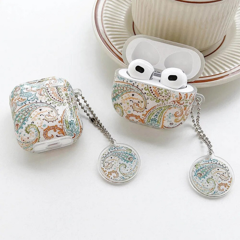 Retromustriga ümbris AirPods Pro jaoks koos võtmehoidjaga kõrvaklappide kaitseümbris Apple Airpodsile 2/3 AirPod peakomplekti ümbris lilleline funda