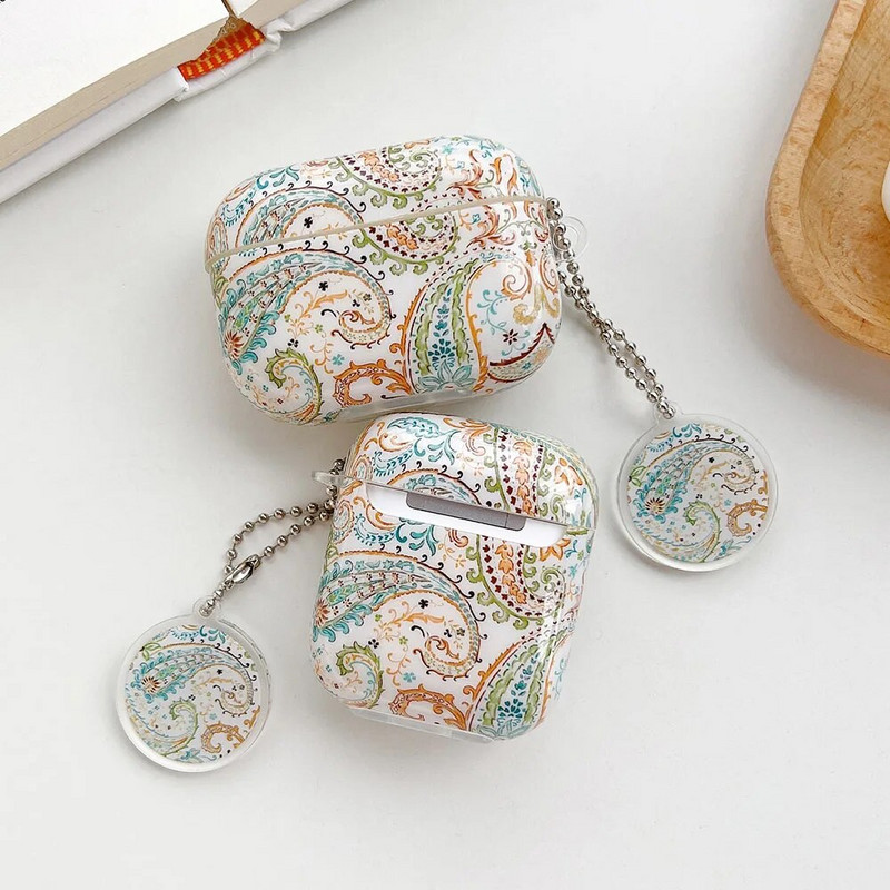 Retromustriga ümbris AirPods Pro jaoks koos võtmehoidjaga kõrvaklappide kaitseümbris Apple Airpodsile 2/3 AirPod peakomplekti ümbris lilleline funda