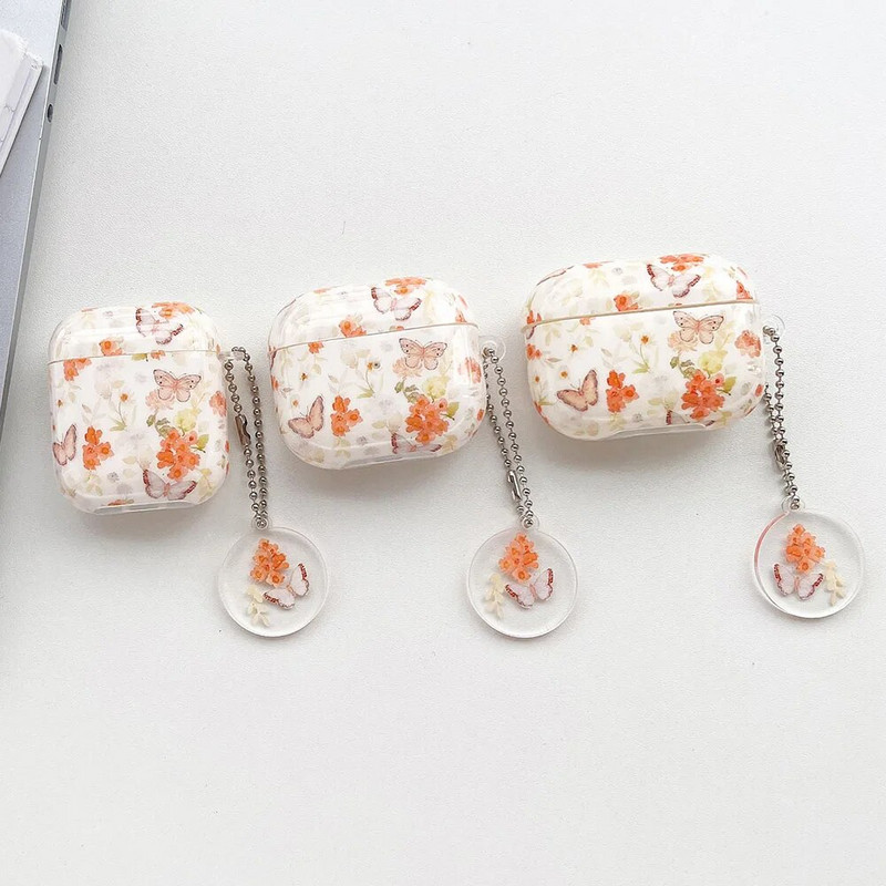 Retromustriga ümbris AirPods Pro jaoks koos võtmehoidjaga kõrvaklappide kaitseümbris Apple Airpodsile 2/3 AirPod peakomplekti ümbris lilleline funda