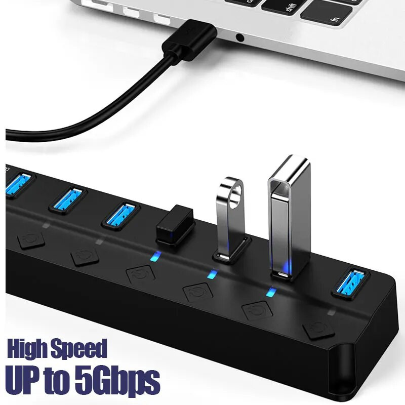 USB 3.0 jaudas vairāku USB sadalītāja centrmezgla adapteris 4/7 portu USB centrmezgls 2.0 USB vairāku paplašinātāju slēdzis 30 CM kabeļa centrmezgla dokstacijas