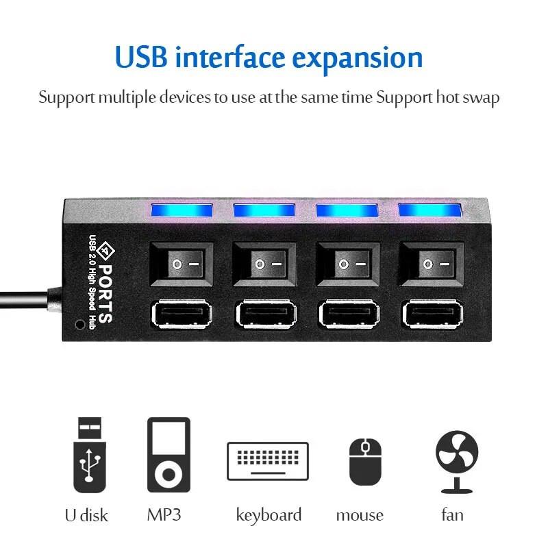 USB 3.0 jaudas vairāku USB sadalītāja centrmezgla adapteris 4/7 portu USB centrmezgls 2.0 USB vairāku paplašinātāju slēdzis 30 CM kabeļa centrmezgla dokstacijas
