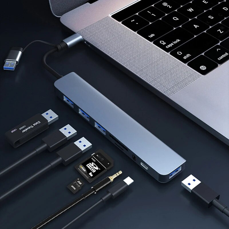8 portu USB 3.0 HUB USB C HUB dokstacijas OTG adapteris 5 Gpbs liela ātruma USB 3.0 2.0 sadalītājs 3.5 audio priekš Macbook Pro Air