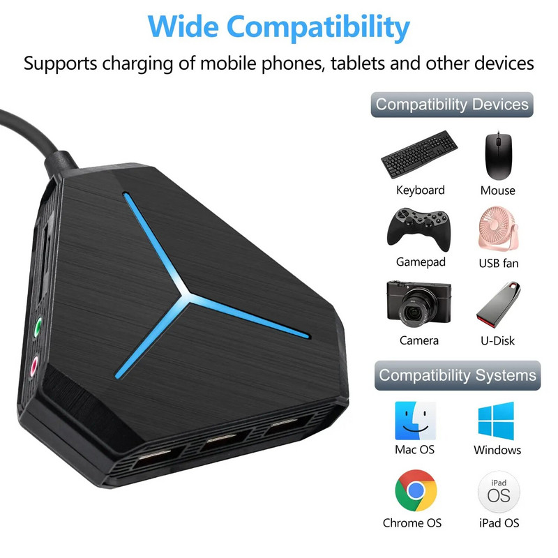 USB centrmezgls ar 11 ātrgaitas pieslēgvietām TF/SD karšu lasītājs USB 3.0 austiņu/mikrofona interfeiss klēpjdatora datora piederumiem