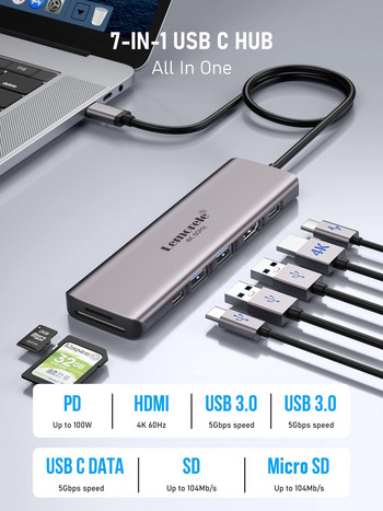 Lemorele TC45 7Port USB σε HDMI 4K 60Hz Docking Station USB C HUB Type-C USB Adapter PD100W SD TF for Macbook Air Pro iPad Pro