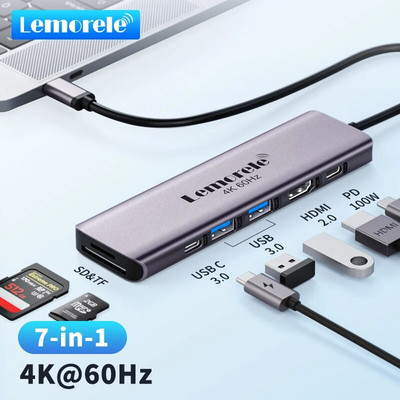 Lemorele TC45 7Port USB uz HDMI 4K 60Hz dokstacija USB C HUB Type-C USB adapteris PD100W SD TF Macbook Air Pro iPad Pro