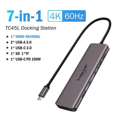 Lemorele TC45 7Port USB į HDMI 4K 60Hz prijungimo stotis USB C HUB Type-C USB adapteris PD100W SD TF, skirtas Macbook Air Pro iPad Pro