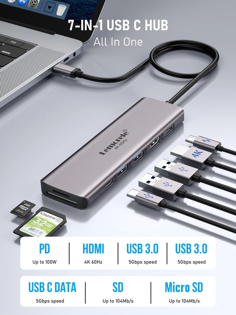 Lemorele TC45 7Port USB į HDMI 4K 60Hz prijungimo stotis USB C HUB Type-C USB adapteris PD100W SD TF, skirtas Macbook Air Pro iPad Pro