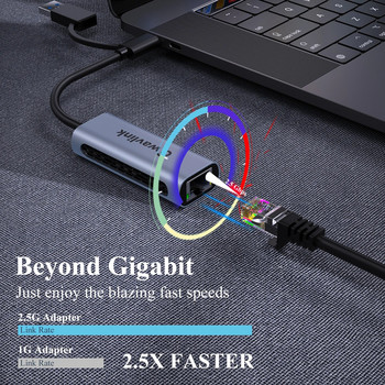 Wavlink 2500Mbps USB C 2.5G външен Ethernet Gigabit адаптер тип C към мрежова карта RJ45 LAN 2.5Gbps USB 3.0 конвертор лаптоп
